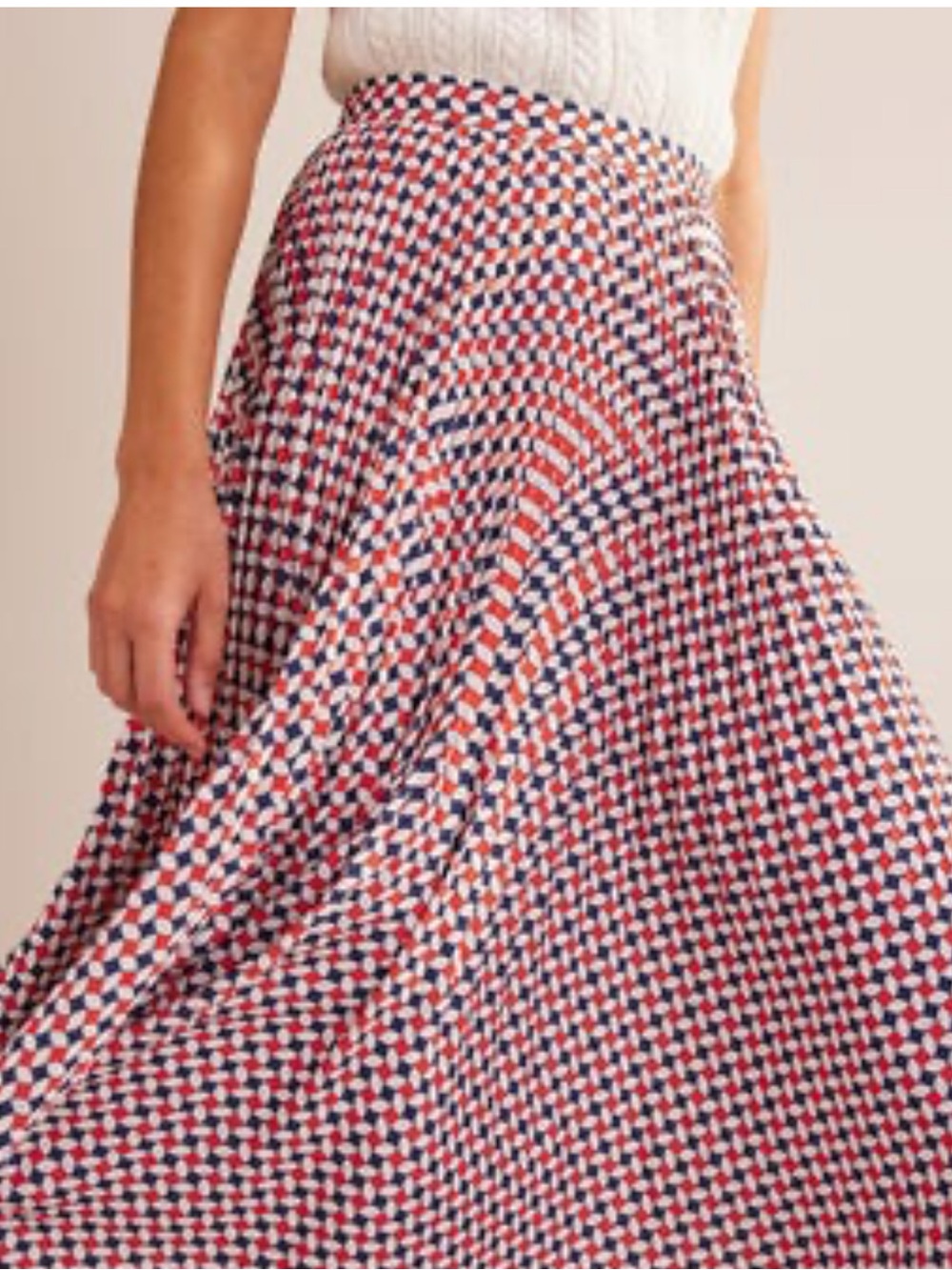 Boden Pleated Geometric Midi Skirt in  Orange Navy & White - Picture 2 of 9